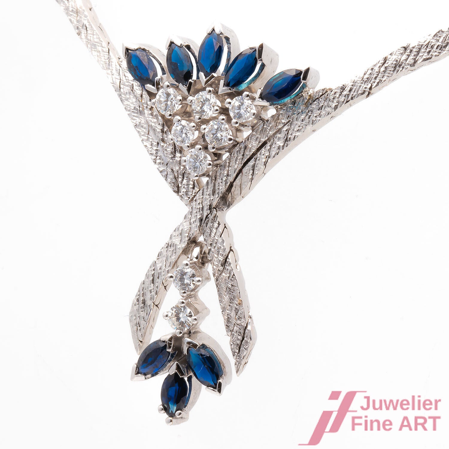 Collier Halskette 585/14K Weißgold Saphire Safire Diamanten Brillanten 45 cm