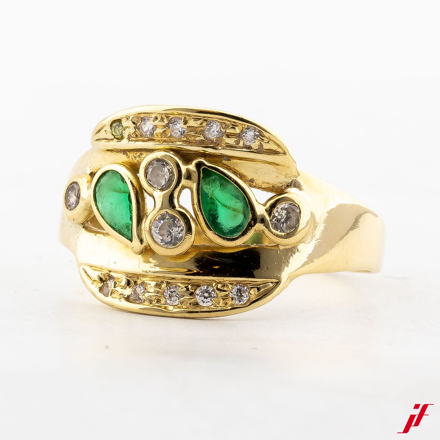Damenring 750/18K Gelbgold 2 Smaragde 0,20 14 Diamanten Brillantschliff 0,20 59