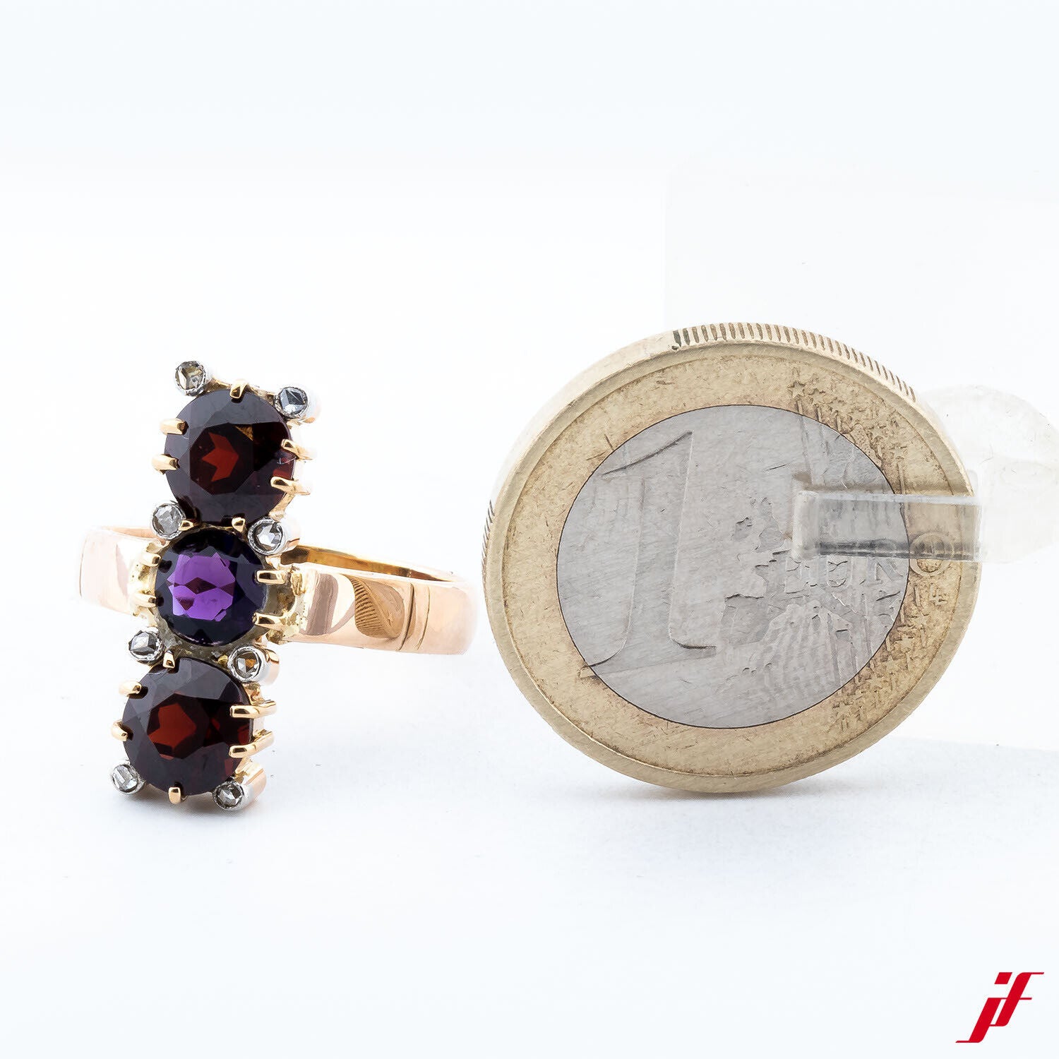 Damenring Klassisch 585/14K Gold Granatsteine Amethyst Diamanten Größe 55