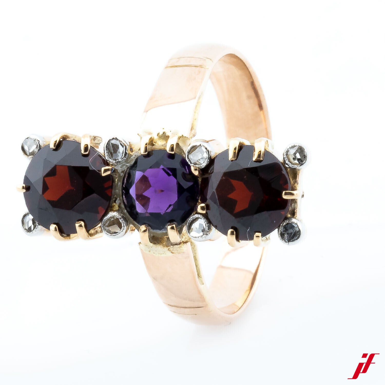 Damenring Klassisch 585/14K Gold Granatsteine Amethyst Diamanten Größe 55