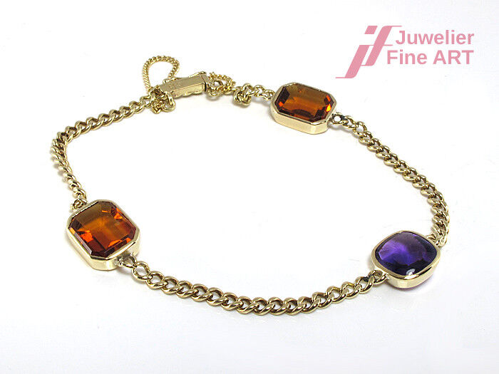 Armband 14K GG, 2 Citrine + 1 Amethyst - 7,9 g - 19 cm