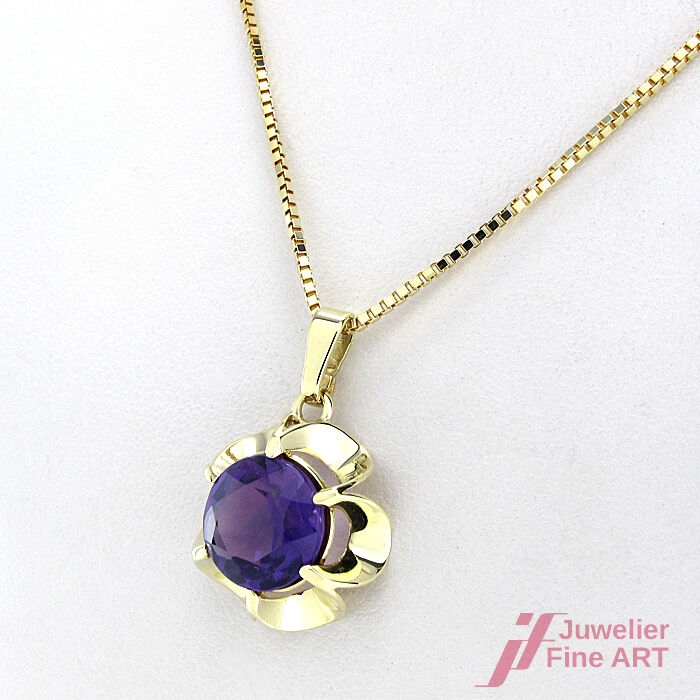 Kette mit Anhänger - 14K/585 Gelbgold - Amethyst Ø 14,5 mm - 38 cm - 4,4 g