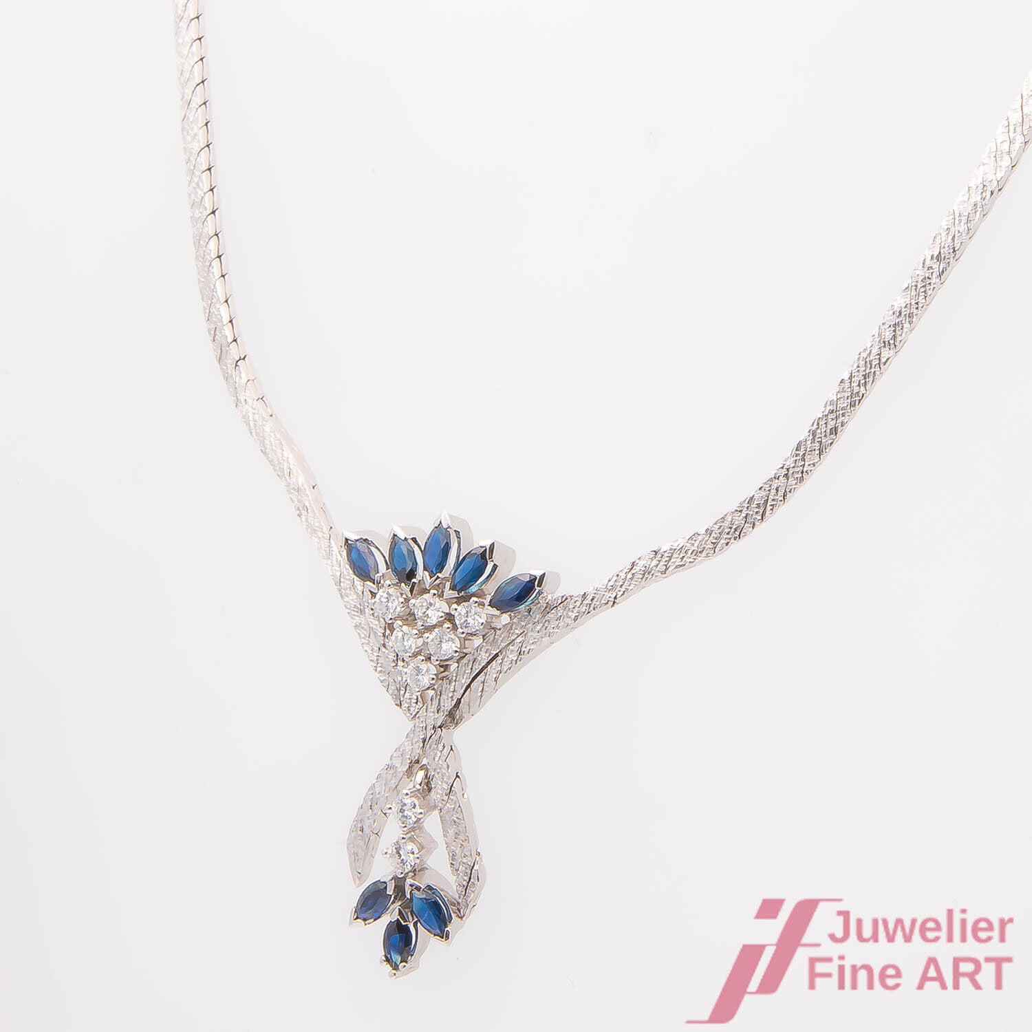 Collier Halskette 585/14K Weißgold Saphire Safire Diamanten Brillanten 45 cm
