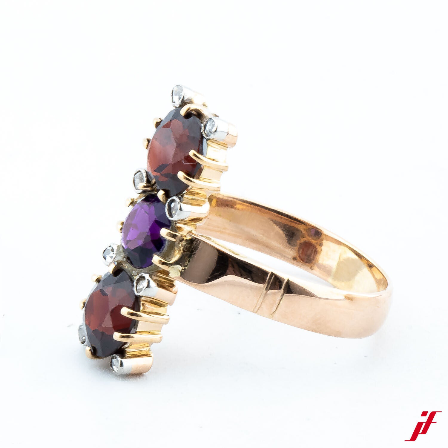 Damenring Klassisch 585/14K Gold Granatsteine Amethyst Diamanten Größe 55