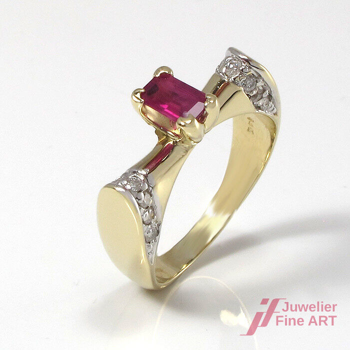 Ring 14K/585 Gelb-Weißgold mit 1 Rubin + 14 Diamanten ca. 0,30 ct -Gr. 56 -5,2 g