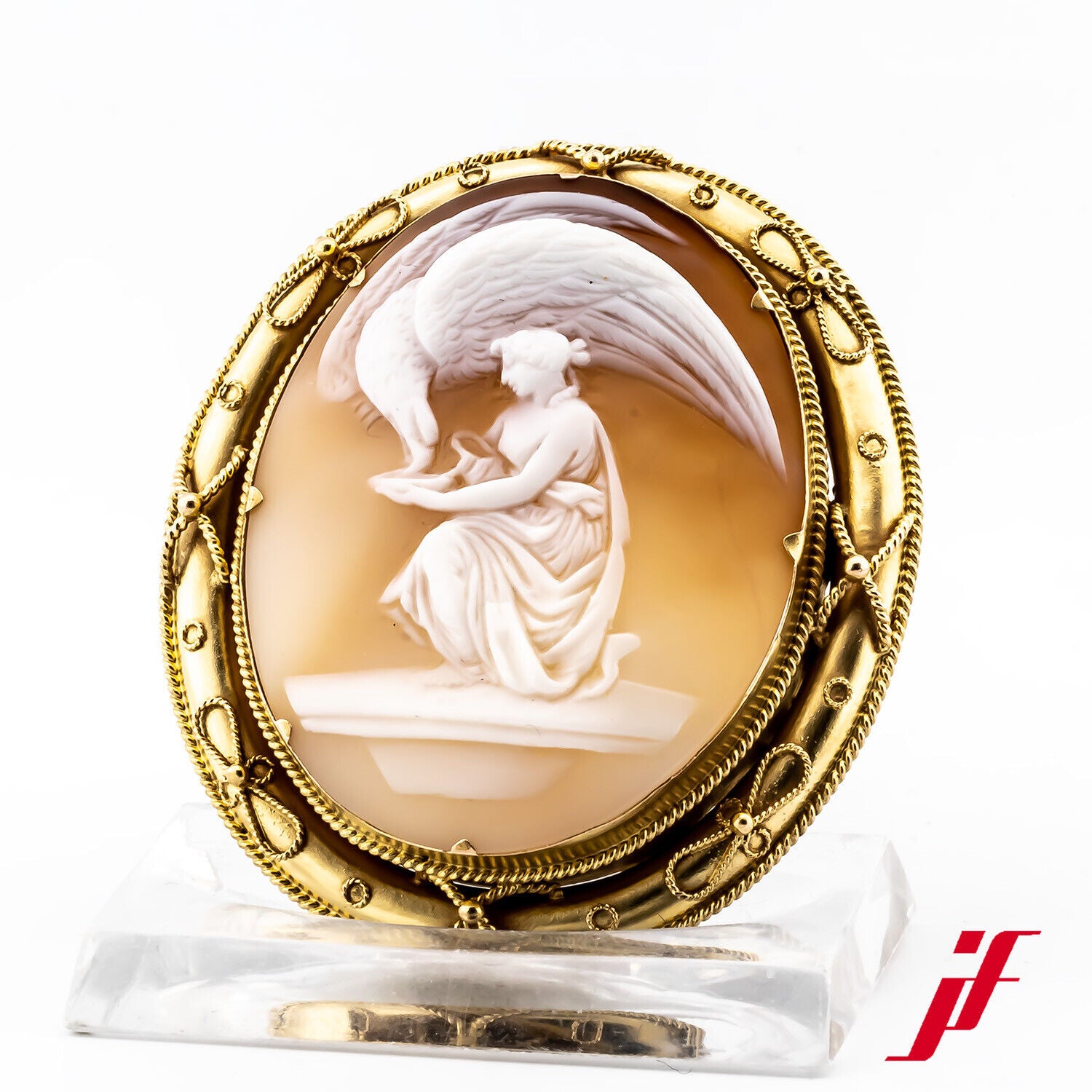 Brosche Gemme 585/14K Gelbgold Carneol Antike Frauengestalt 56,1 mm lang