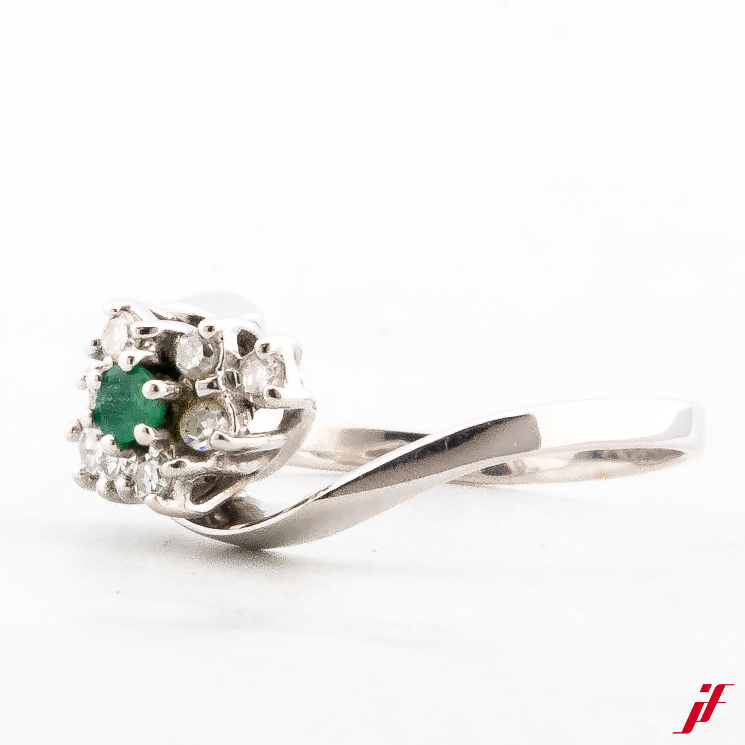 Klassischer Ring 18K Weißgold 1 Smaragd ca. 0,03 ct 8 Diamanten ca. 0,16 ct 53