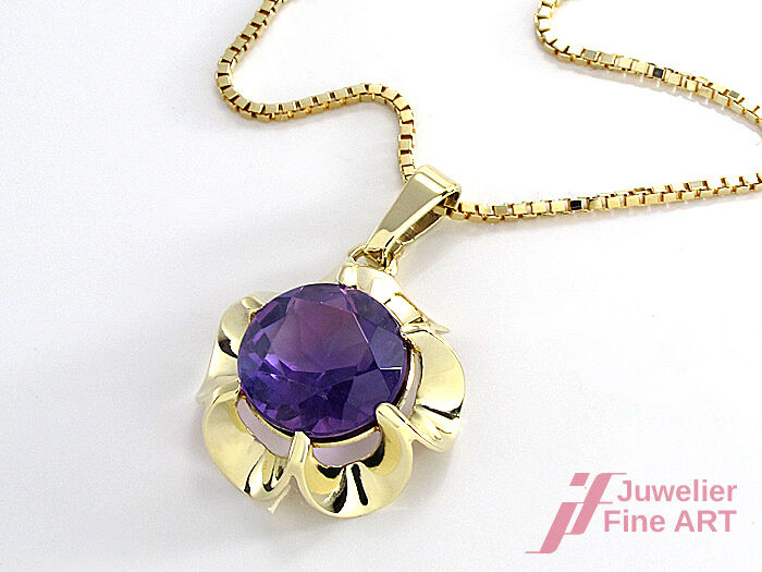 Kette mit Anhänger - 14K/585 Gelbgold - Amethyst Ø 14,5 mm - 38 cm - 4,4 g