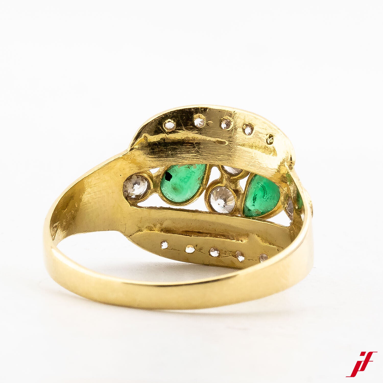 Damenring 750/18K Gelbgold 2 Smaragde 0,20 14 Diamanten Brillantschliff 0,20 59