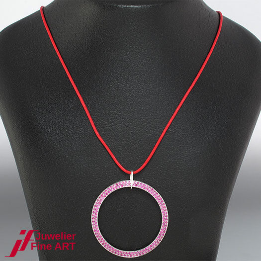 Designer Anhänger- Stahl - pinke Saphire - rote Textilschnur - Ø 42mm - 8,1g