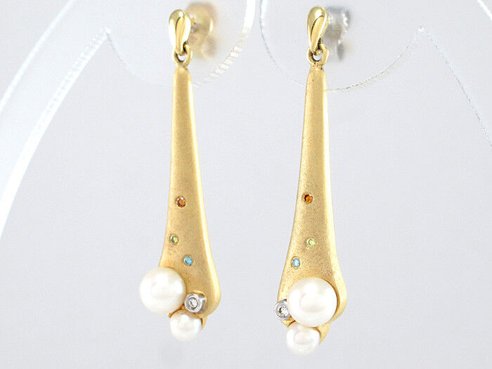 OHRSTECKER Perlen, Diamantbesatz - Fancy und Weiß in 14K/585 GG/WG - 5,6 g