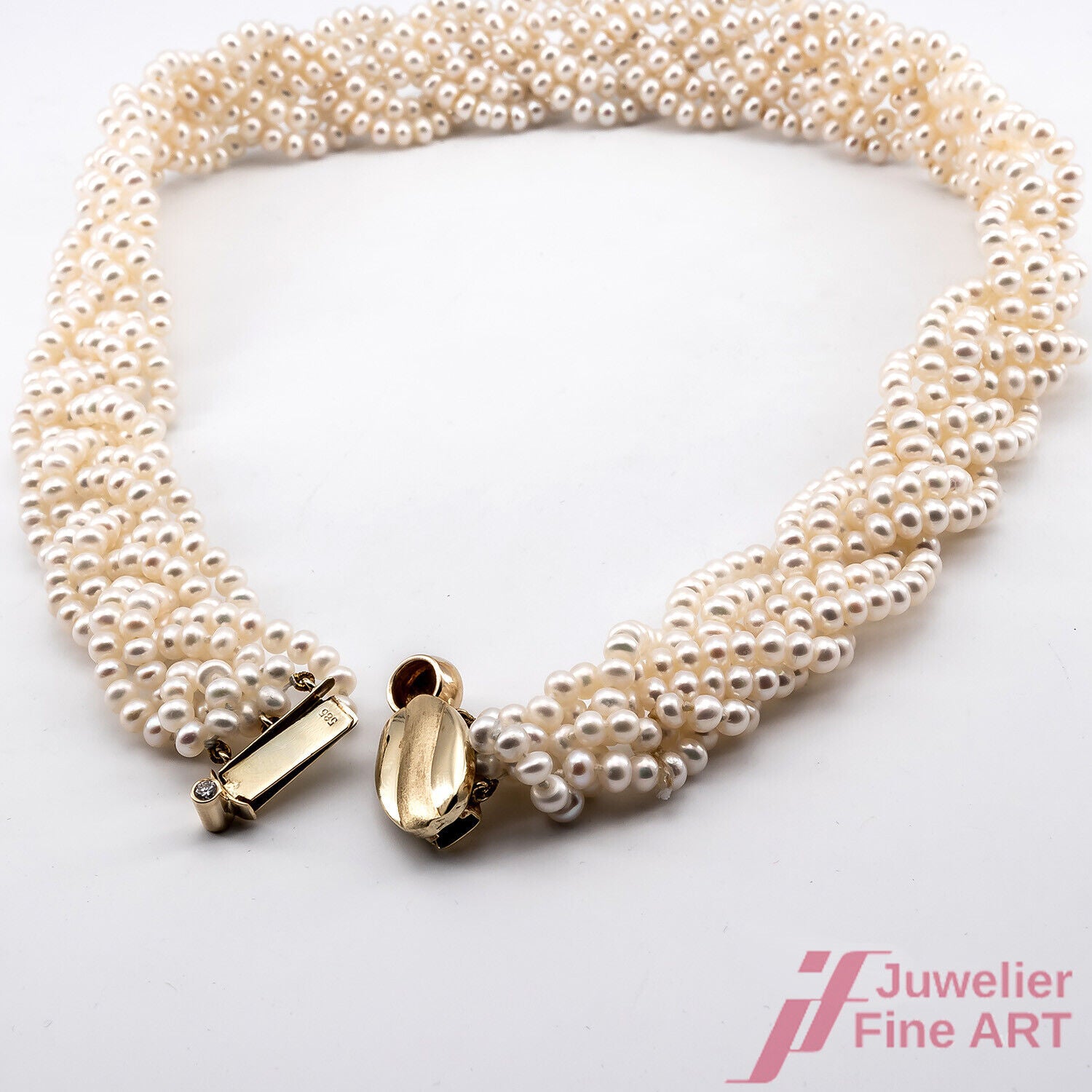 Gepflochtenes Perlencollier 14 GG-Schließe u. 2 Diam. zus. 0,15 TW/vsi - 42 cm