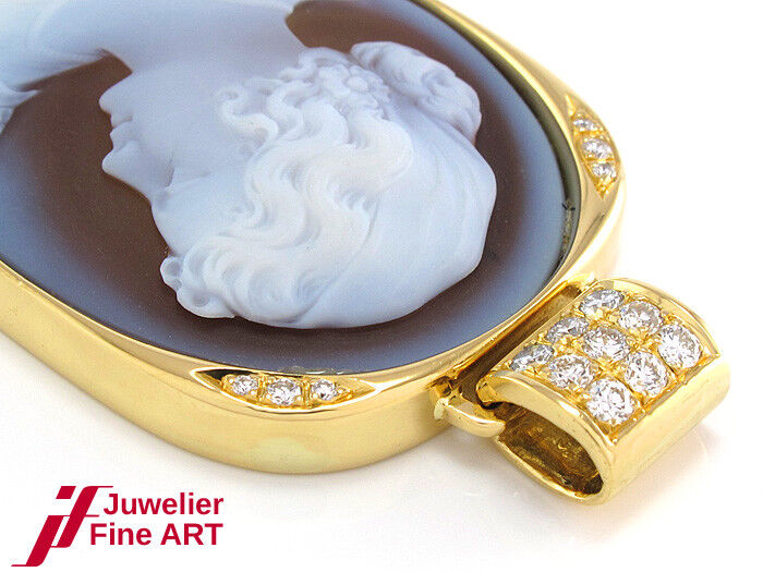 Anhänger Kamee 750/18K Gelbgold Gemme Frauenkopf Diamanten Brillanten Handarbeit