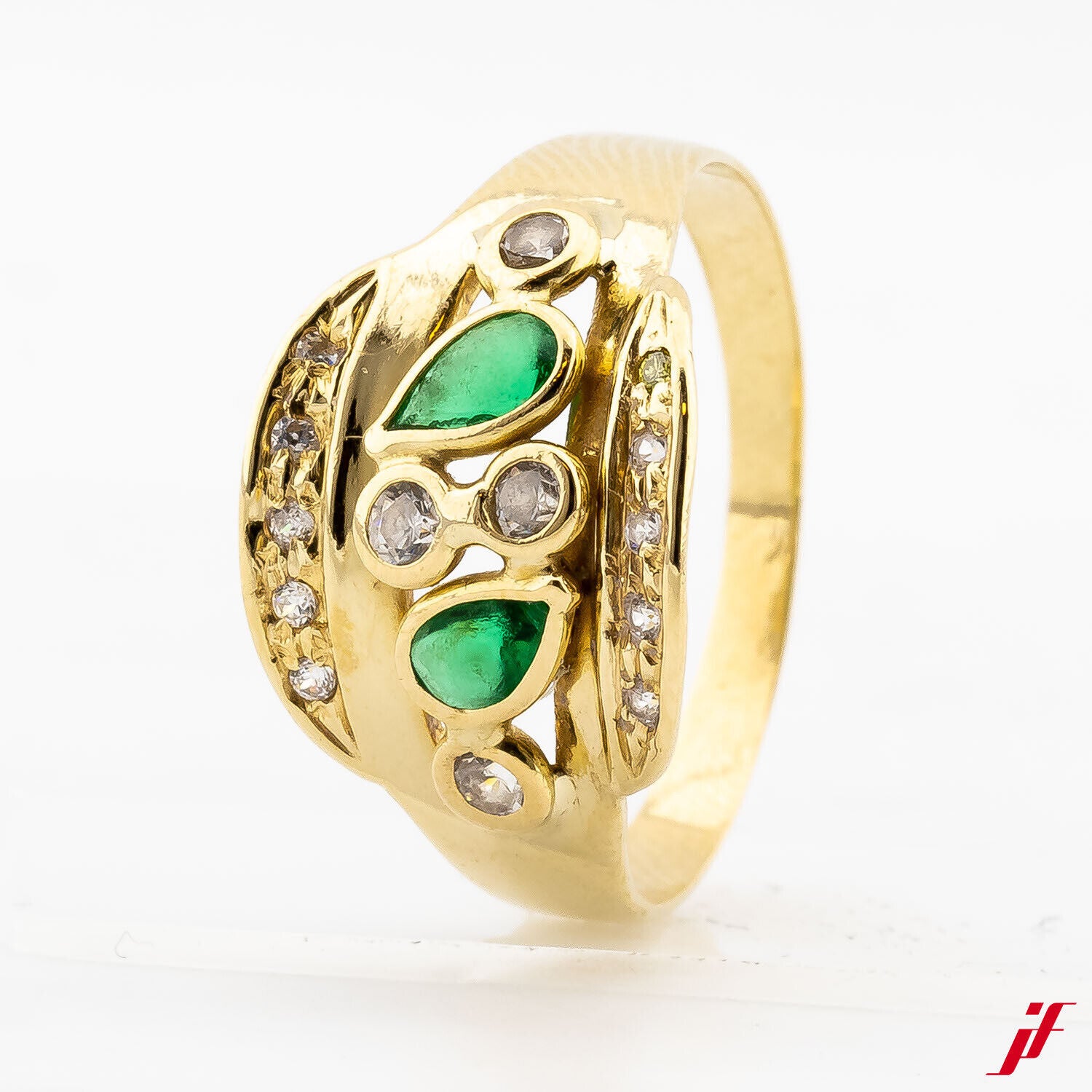 Damenring 750/18K Gelbgold 2 Smaragde 0,20 14 Diamanten Brillantschliff 0,20 59