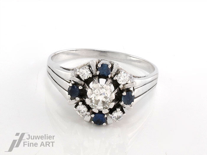 Ring - 4 Saphire + Diamantbesatz ges. ca 0,56 ct W-P1 in 18K Weißgold - 4,6 g