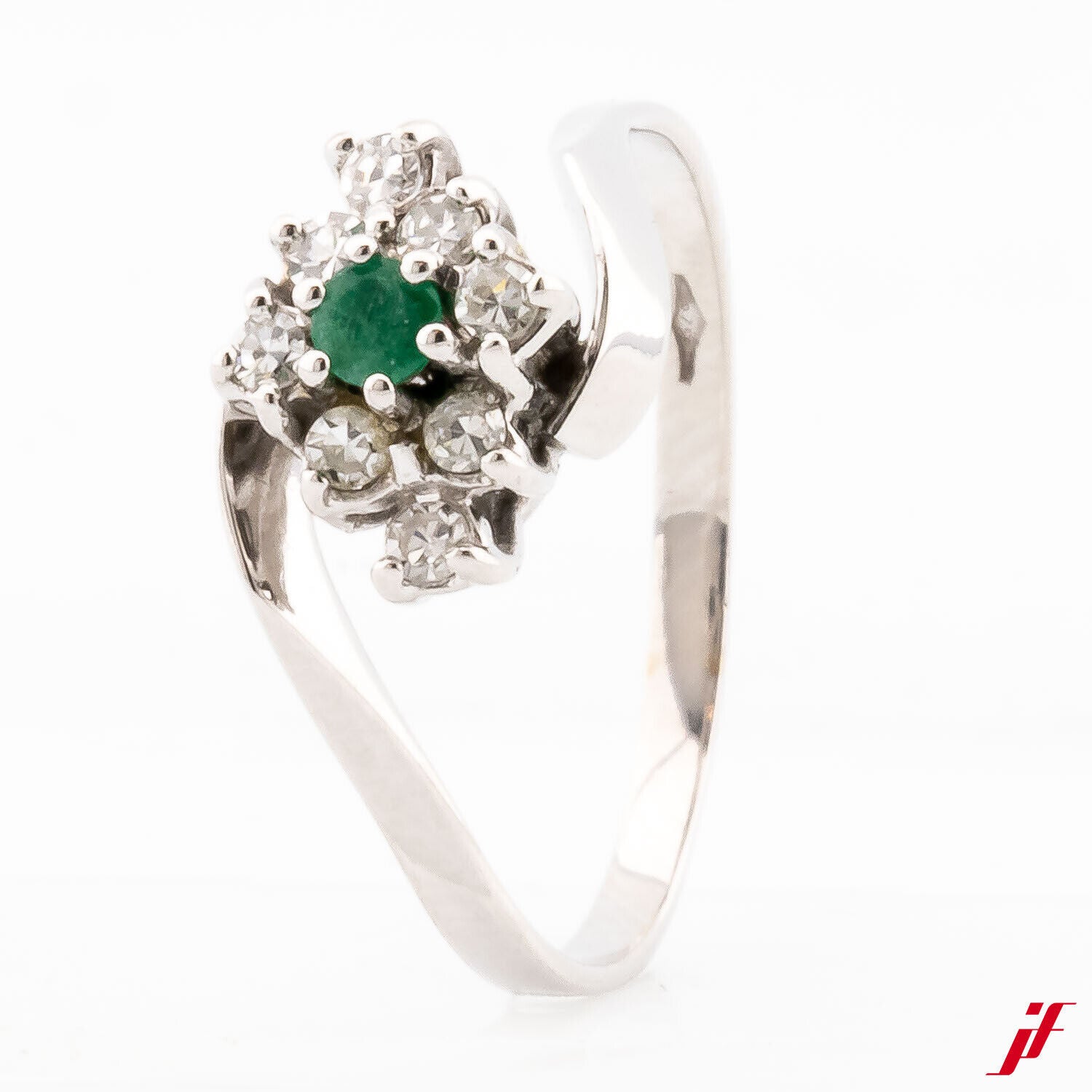Klassischer Ring 18K Weißgold 1 Smaragd ca. 0,03 ct 8 Diamanten ca. 0,16 ct 53
