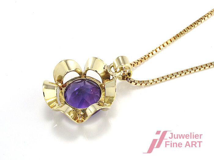 Kette mit Anhänger - 14K/585 Gelbgold - Amethyst Ø 14,5 mm - 38 cm - 4,4 g