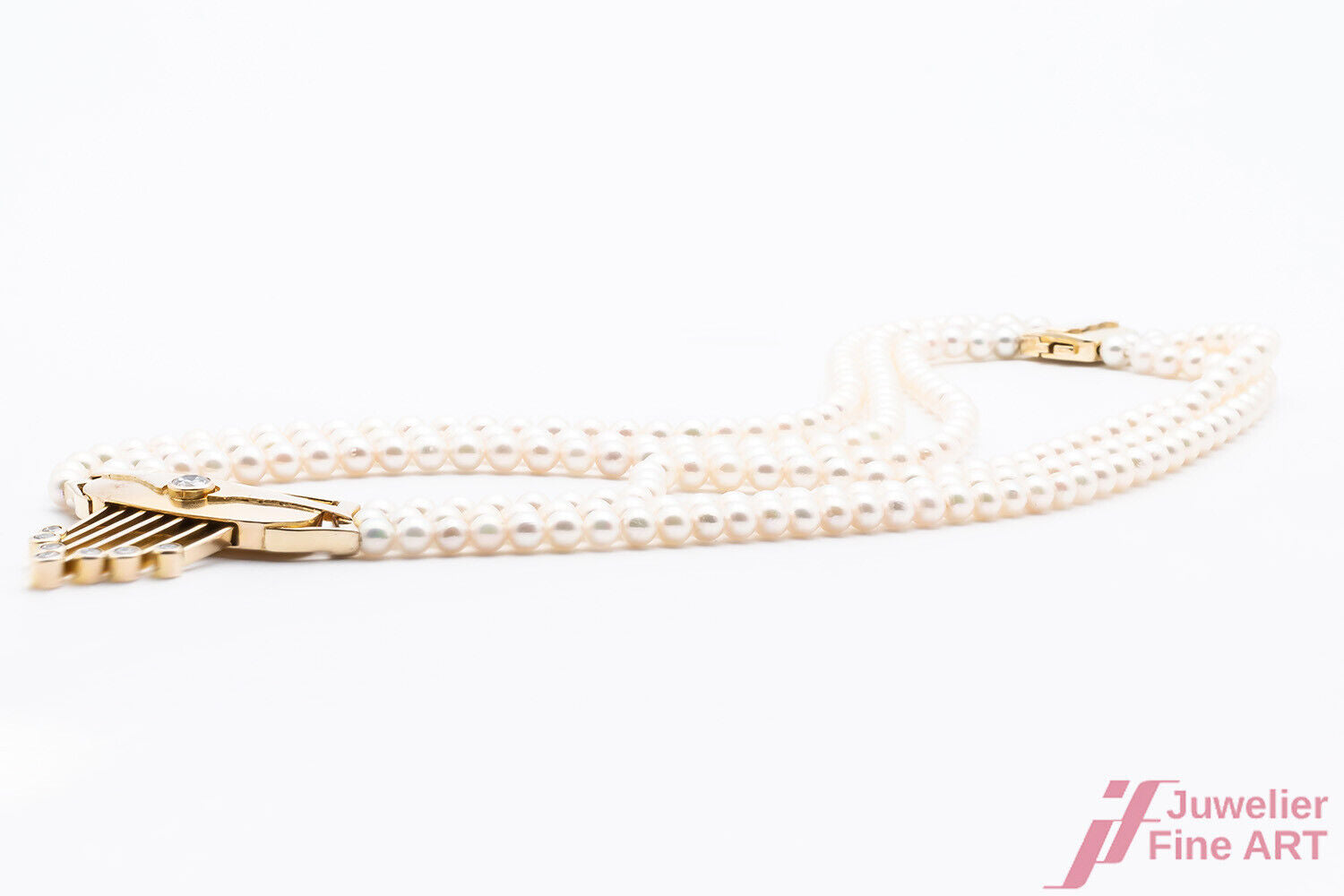 Collier Perlencollier 3-reihig Handarbeit 14K Gelbgold Akoya Diamanten 40 cm