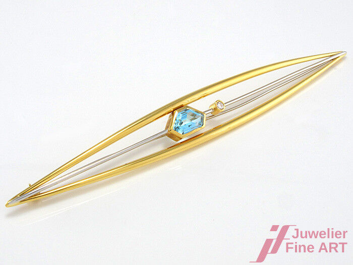 Anstecknadel 11 cm 18K Gold & Platin - Aquamarin ca 2,0 ct + Brillant ca 0,05 ct