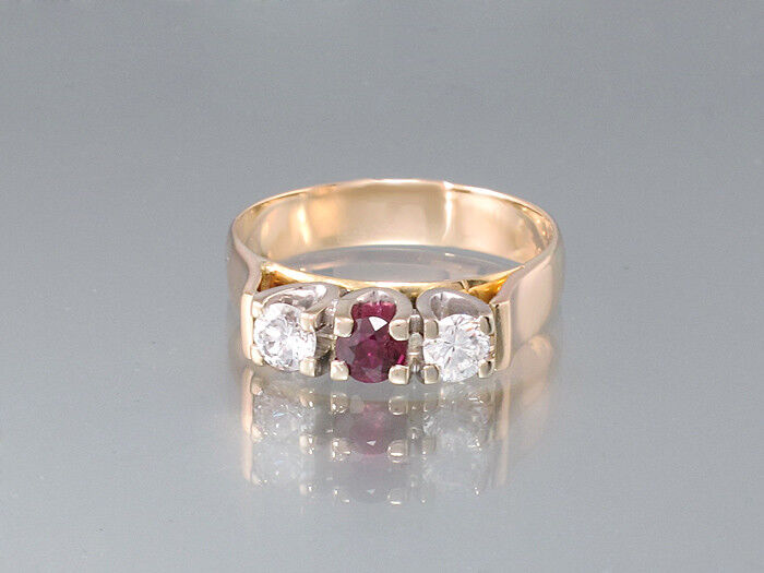 Ring 14K Roségold - 2 Brillanten ca. 0,40 ct - TW/VSI + Rubin ca. 0,20 ct -5,0g