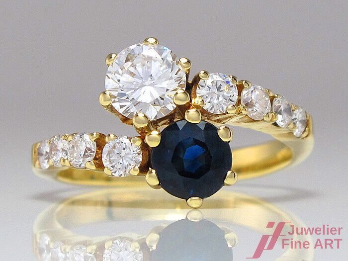 Ring 14K Gelbgold - 1 Saphir & 9 Brillanten ca. 0,91 ct TW-VSI - 4,2 g - Gr. 54