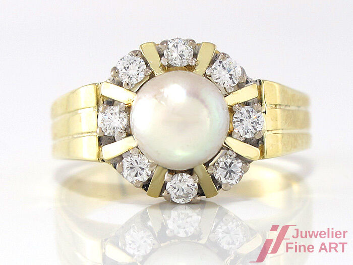 Ring mit  Perle & Diamantbesatz ca. 0,40 ct  - 585/14K Gelbgold - 7,1 g -Gr.56