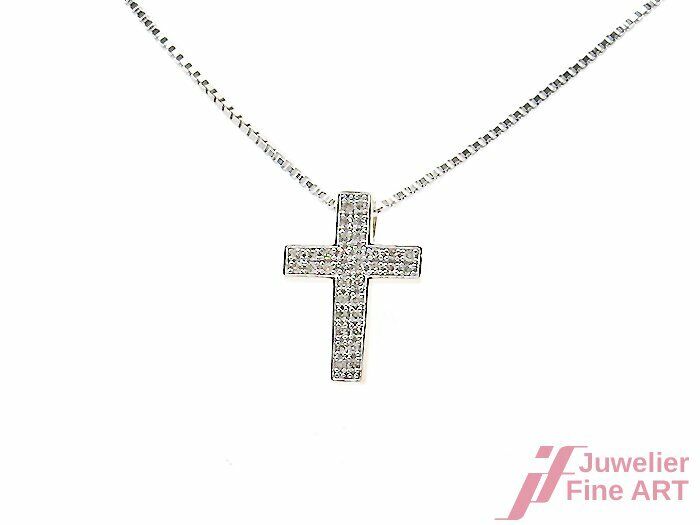 Kreuz* Anhänger mit Kette -14K/585 Weißgold - Diamanten ca. 0,25 ct getönt/SI