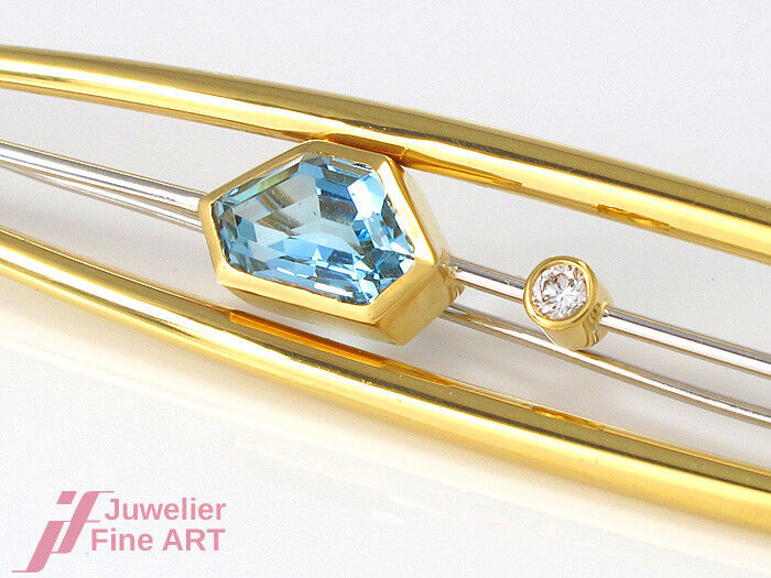 Anstecknadel 11 cm 18K Gold & Platin - Aquamarin ca 2,0 ct + Brillant ca 0,05 ct