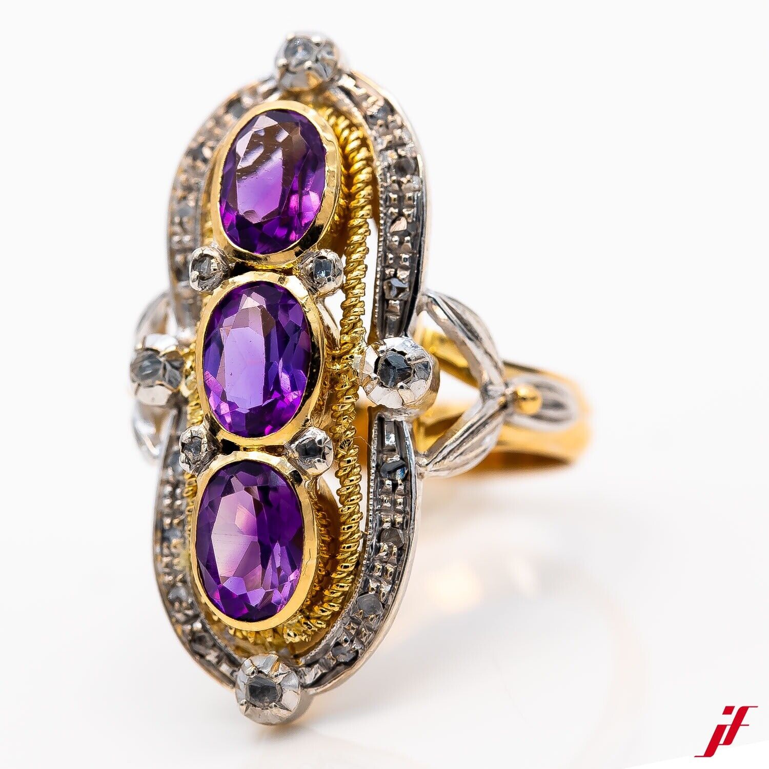 Ring in 14K GG mit 3 Amethyst Diamanten Brillanten ca. 6,00ct Altschliff