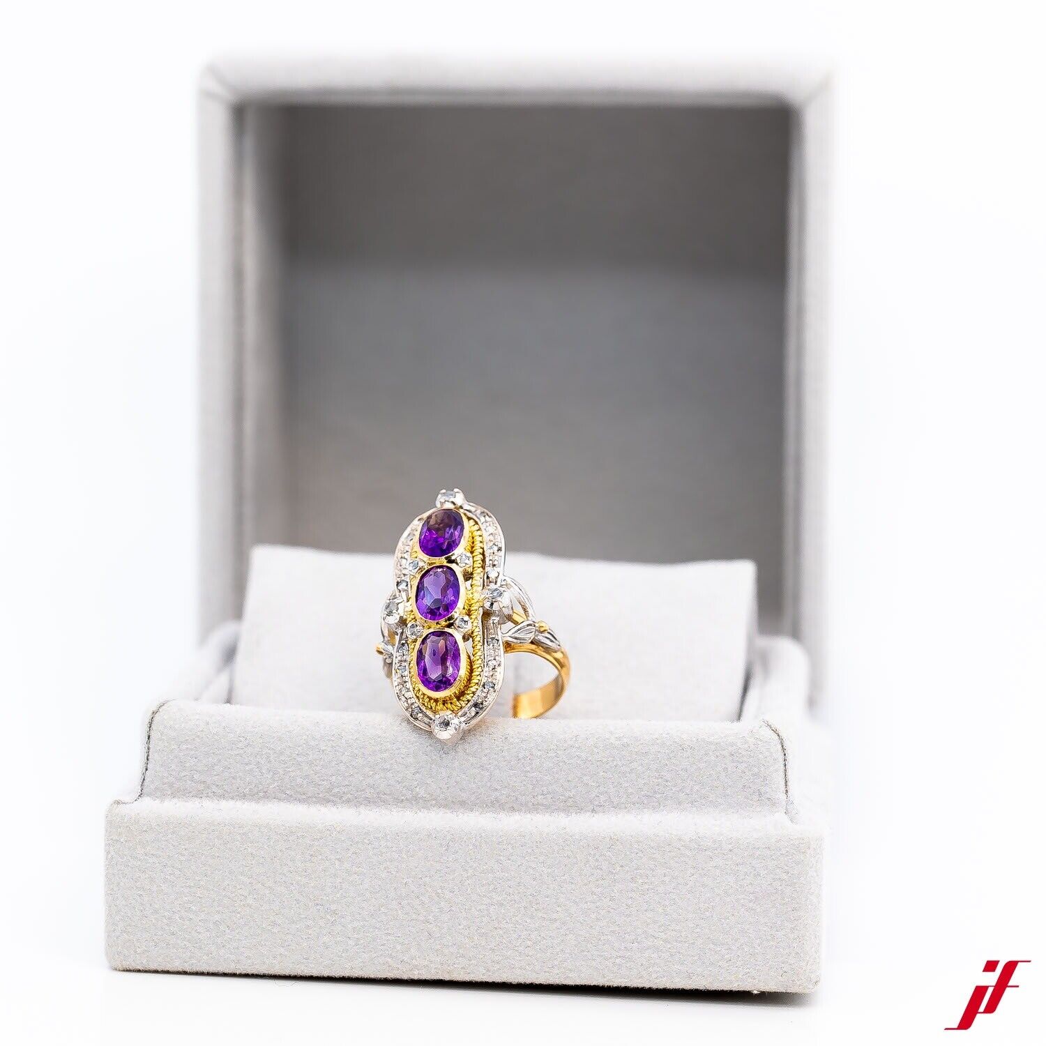 Ring in 14K GG mit 3 Amethyst Diamanten Brillanten ca. 6,00ct Altschliff