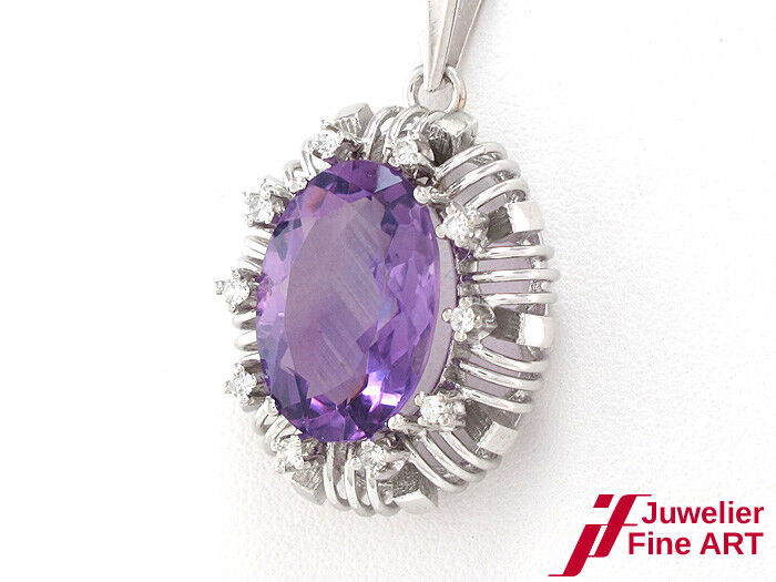 ANHÄNGER 14K Weißgold - großer Amethyst + 10 Diamanten ca. 0,2 ct - 8,7 g