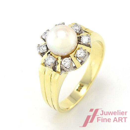 Ring mit  Perle & Diamantbesatz ca. 0,40 ct  - 585/14K Gelbgold - 7,1 g -Gr.56