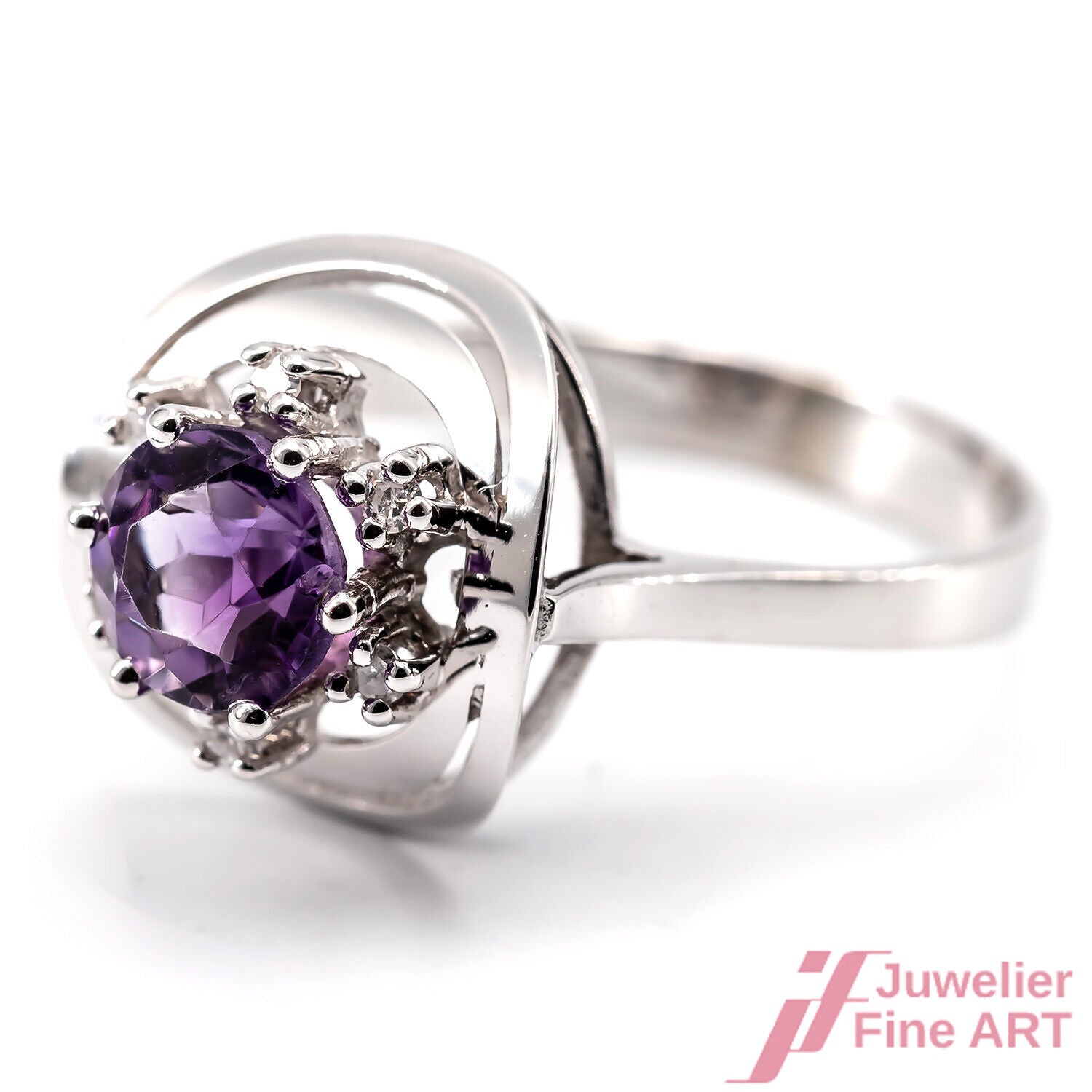 Ring Cocktail 585/14K Weißgold 1 Amethyst Diamanten Größe 58