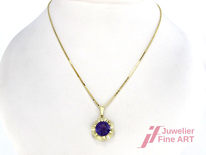 Kette mit Anhänger - 14K/585 Gelbgold - Amethyst  Ø 14,5 mm - 38 cm - 4,4 g