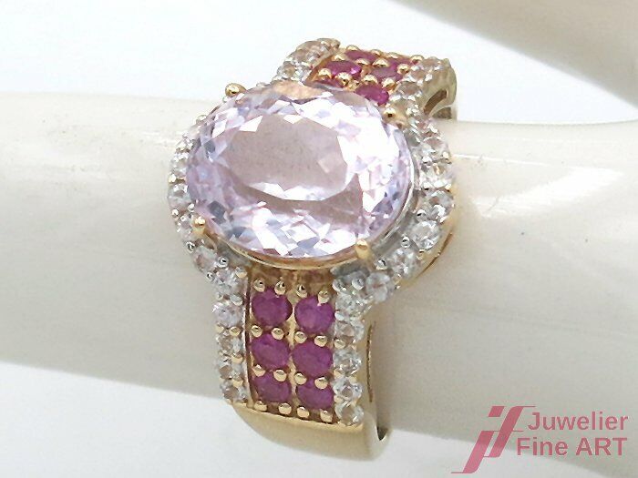 Ring 18K/750 GG besetzt mit 1 Amethyst + weiße/pinke Saphire - 6,4 g - Gr. 53,5