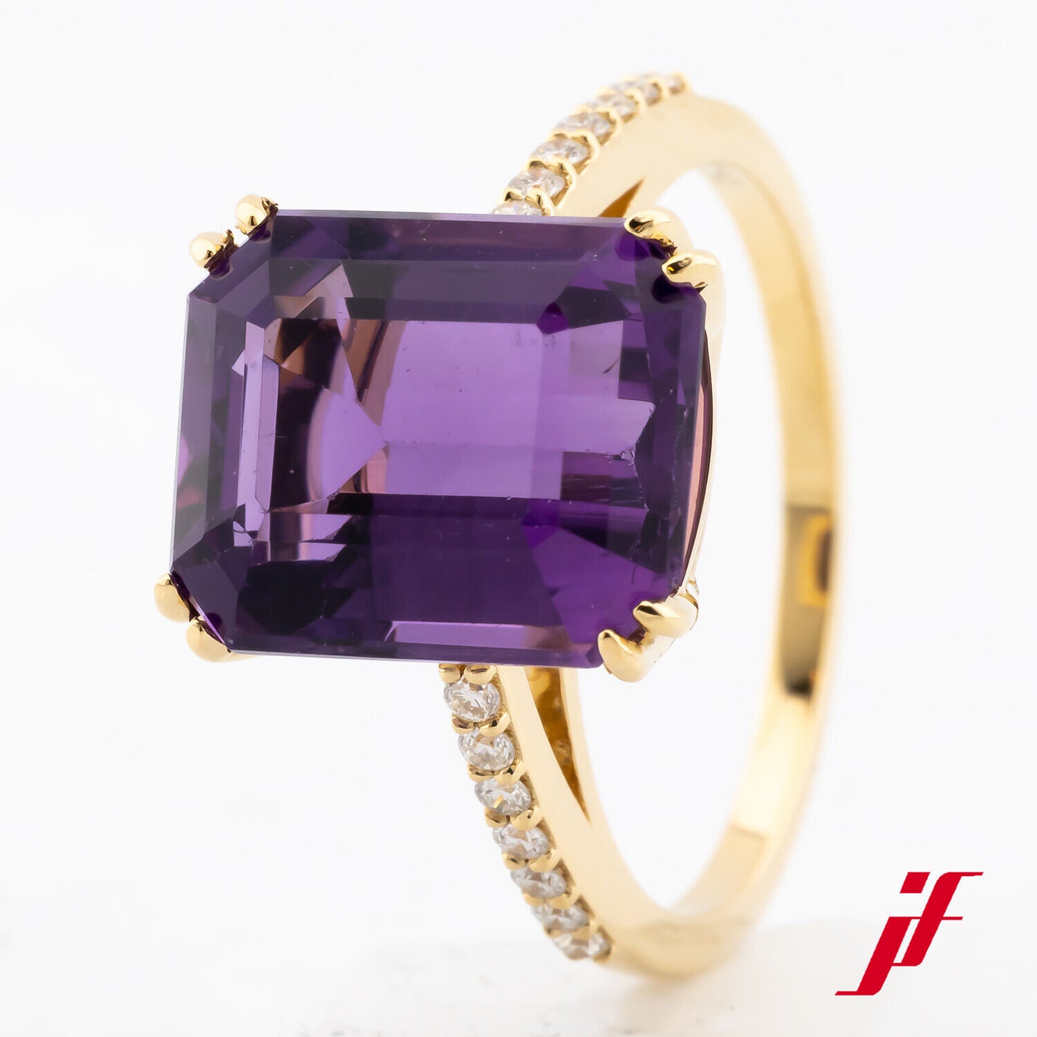 Ring Solitärring mit Akzentbesatz 18K Gelbgold 1 Amethyst Diamanten Größe 53 Neu