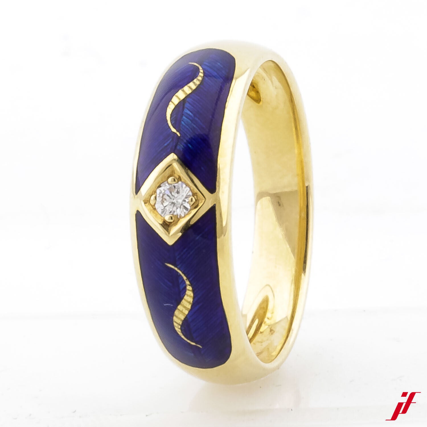 Fabergé Solitärring 750/18K Gelbgold 1 Diamant ca. 0,10 ct W/vs1 Emaille blau 55