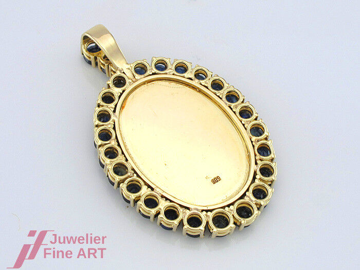 Anhänger 14K/585 Gelbgold - 1 weißer Achat + 26 Saphire - 13,1 g - 43,8 mm