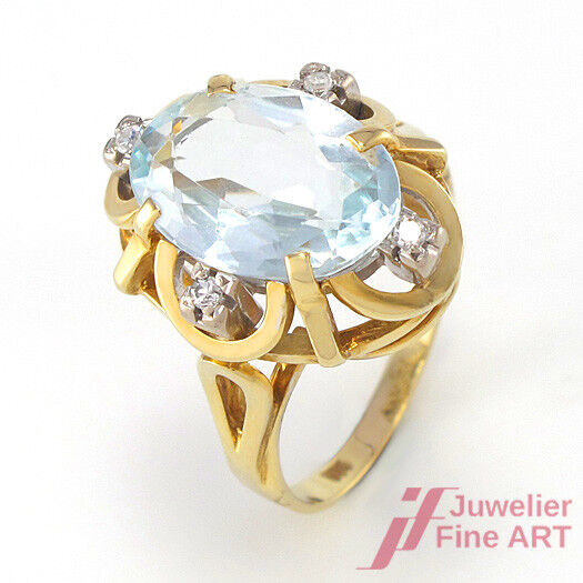 Ring mit Aquamarin + Brillanten ca. 0,30 ct TW-VSI in 14K/585 Gelbgold - 5,6 g