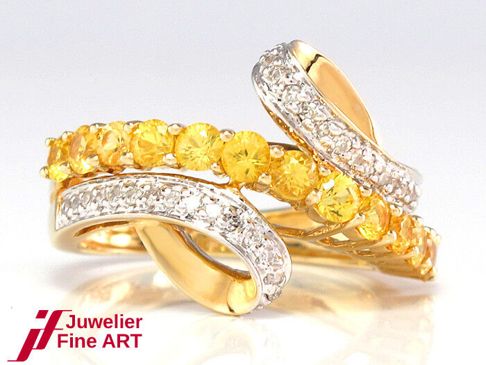 Ring - 585/14K Gelbgold - 32 Diamanten + 13 gelbe Saphire - 3,8 g - Gr. 50