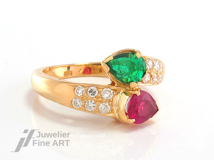 Ring mit Smaragd + Rubin + Diamanten ca. 0,25 TW-VSI - 750/18K Gelbgold - 5,9 g