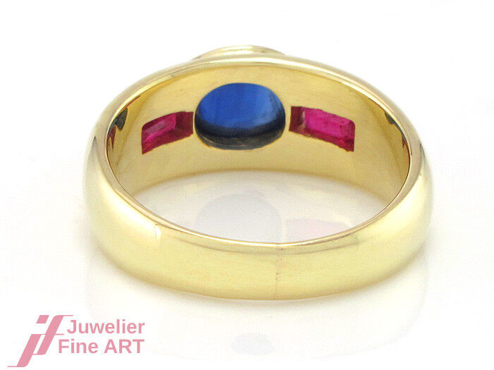 Ring mit Saphir-Cabochon + 2 Rubinen - 585/14K Gelbgold - 5,0 g - Gr. 50