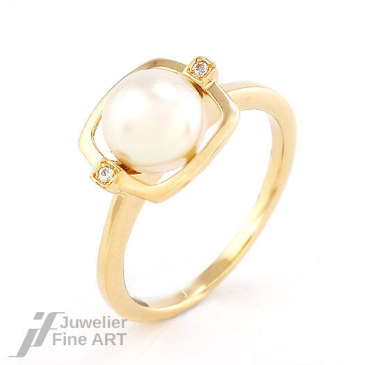 Ring 750/18K Gelbgold Akoyaperle + 2 Brillanten ca.0,04 ct TW/VSI - 3,9 g Gr. 55