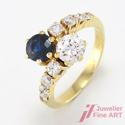 Ring 14K Gelbgold - 1 Saphir & 9 Brillanten ca. 0,91 ct TW-VSI - 4,2 g - Gr. 54