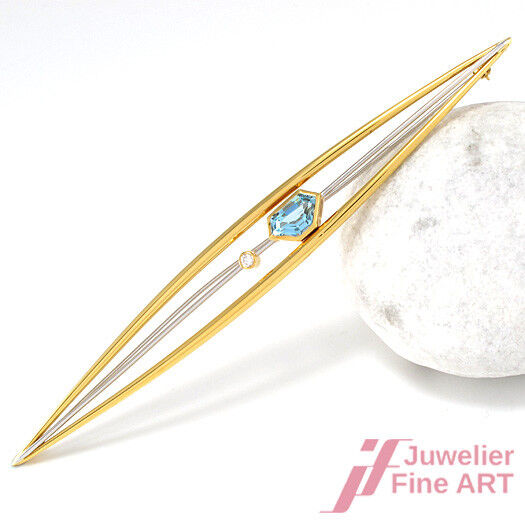 Anstecknadel 11 cm 18K Gold & Platin - Aquamarin ca 2,0 ct + Brillant ca 0,05 ct