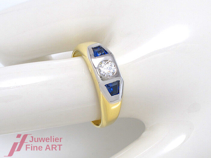 Ring -18K Gelb-& Weißgoldd- Saphir & 2 Brillanten 0,25 ct TW-SI- Gr. 60 - 7,2 g