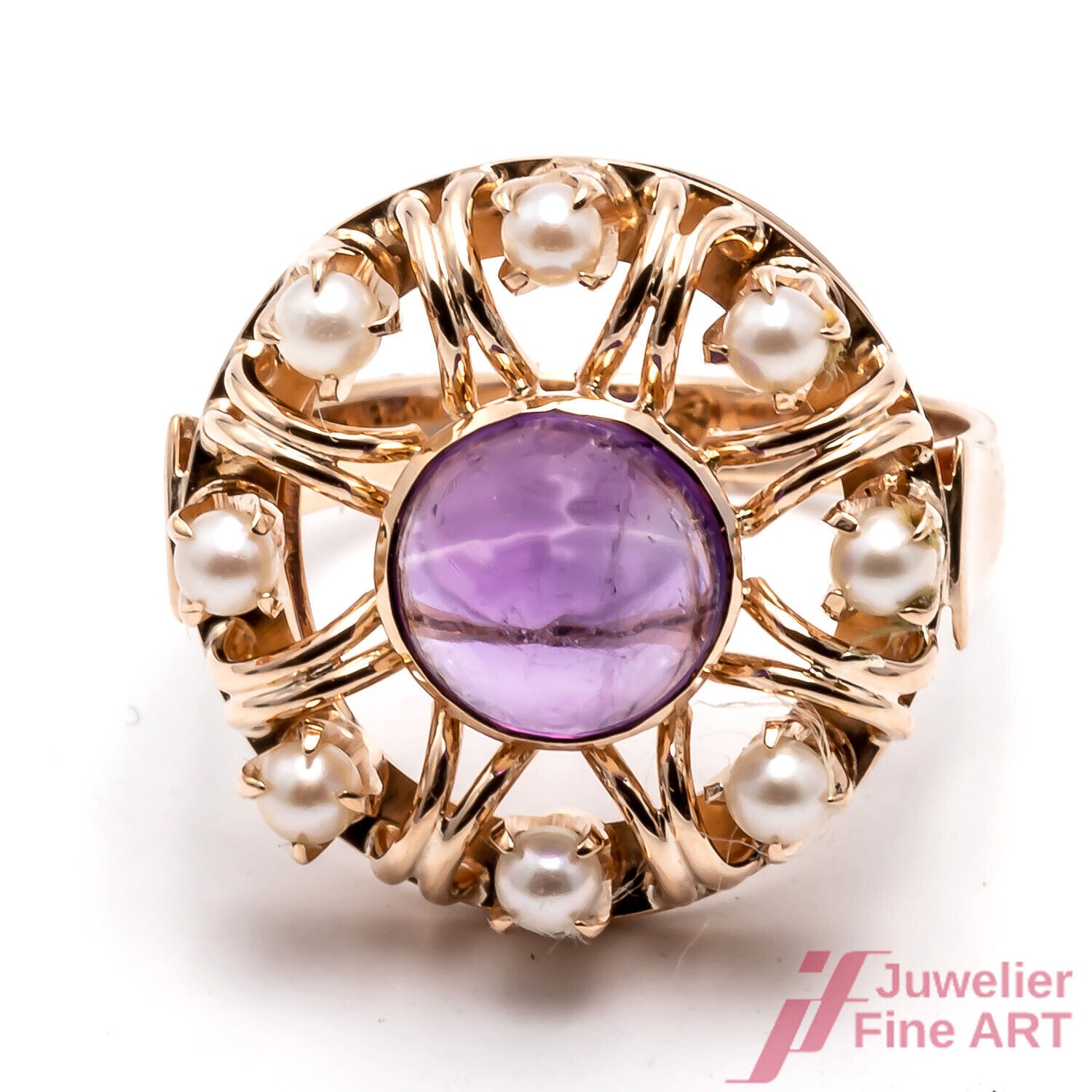 RING - 14K/585 RsG - 1 Amethyst-Cab. - 8 kleine Akoya-Zuchtperlen - 5,8 g - 52