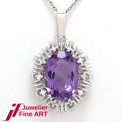 ANHÄNGER 14K Weißgold - großer Amethyst + 10 Diamanten ca. 0,2 ct - 8,7 g