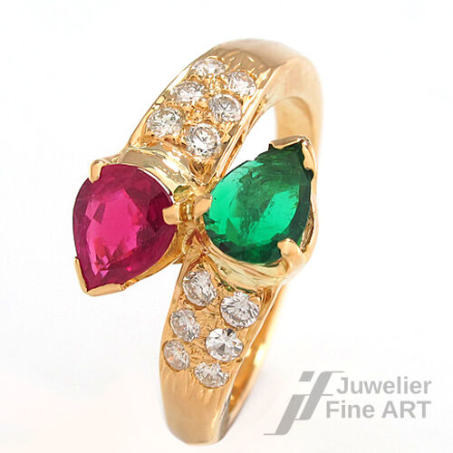 Ring mit Smaragd + Rubin + Diamanten ca. 0,25 TW-VSI - 750/18K Gelbgold - 5,9 g