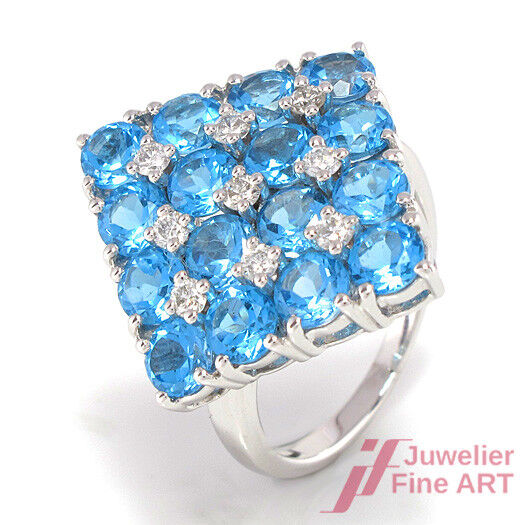 Ring - 18K/750 WG - 16 Blautopase 4,45 c & 9 Diamanten 0,32 ct TW-SI - 7,4 g